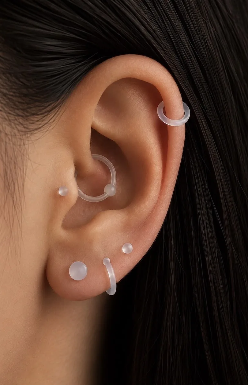 Joia de bioflex em piercings na orelha